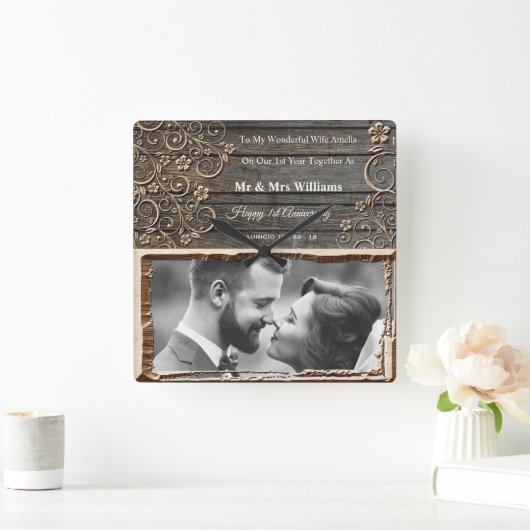 第1結婚記念日の木の写真のフレームクロック スクエア壁時計 (ホーム)