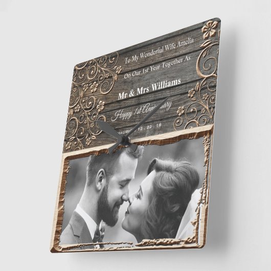 第1結婚記念日の木の写真のフレームクロック スクエア壁時計 (傾斜)