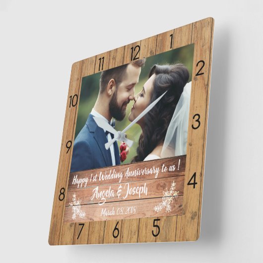 第1結婚記念日の木の質の時計 スクエア壁時計 (傾斜)