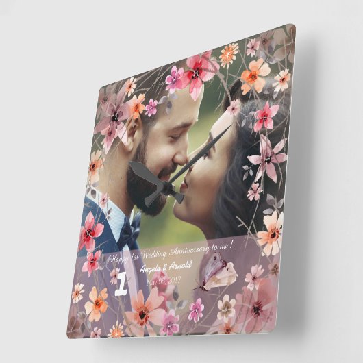 第1結婚記念日の装飾的な花の時計 スクエア壁時計 (傾斜)