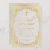 第1聖体フェイク金ゴールドヴィンテージエレガント大理石 招待状 (正面/裏面)