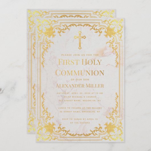 第1聖体フェイク金ゴールドヴィンテージエレガント大理石 招待状 (正面/裏面)