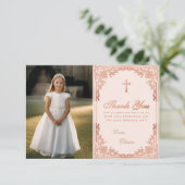 第1聖体ヴィンテージピンクローズ金ゴールドガールフォト サンキューカード (スタンド正面)