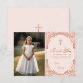 第1聖体ヴィンテージピンクローズ金ゴールドガールフォト サンキューカード (正面/裏面)