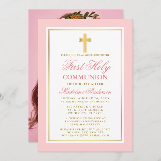 第1聖体拝領エレガント写真ピンク金ゴールド 招待状 (正面/裏面)