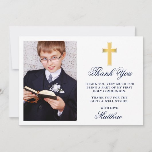 第1聖体拝領フォトブルーストライプ金ゴールド サンキューカード (正面)