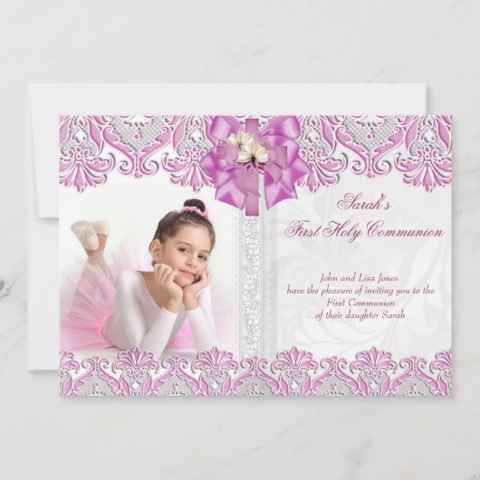 第1聖体拝領1人目の女の子薄紫ピンク写真2 招待状 (正面)