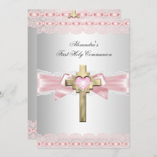 第1聖体拝領1位金ゴールドクロスガールズピンク2 招待状 (正面/裏面)
