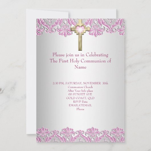 第1聖体拝領1位金ゴールドクロスガールズピンク 招待状 (裏面)