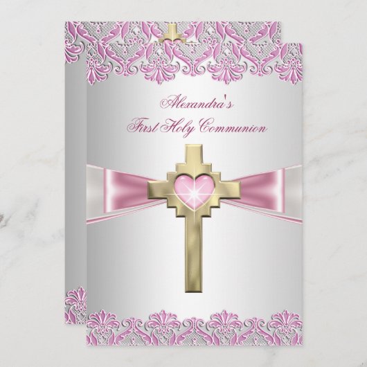 第1聖体拝領1位金ゴールドクロスガールズピンク 招待状 (正面/裏面)