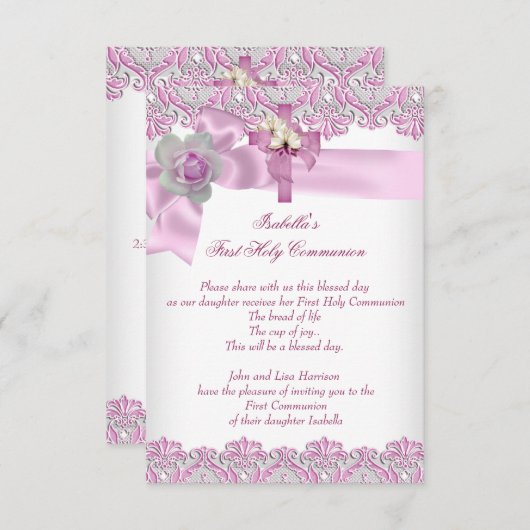 第1聖体拝領1期女十字女ホワイトピンク3 招待状 (正面/裏面)