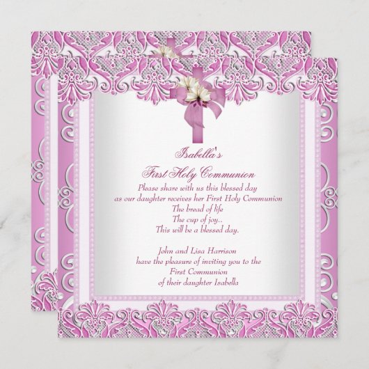 第1聖体拝領1期女十字女ホワイトピンク5 招待状 (正面/裏面)