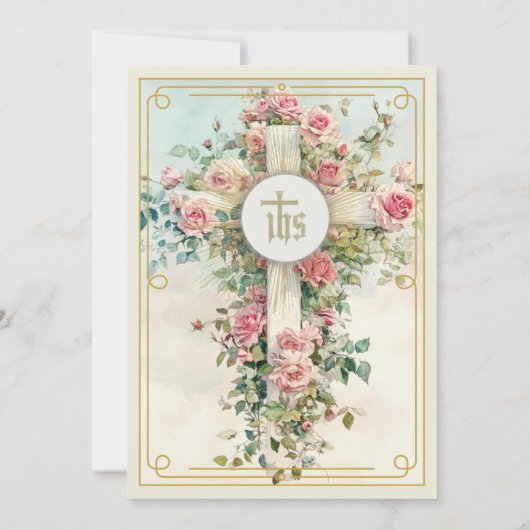 第1聖体聖体聖体聖体桃色フローラ十字架 招待状 (裏面)