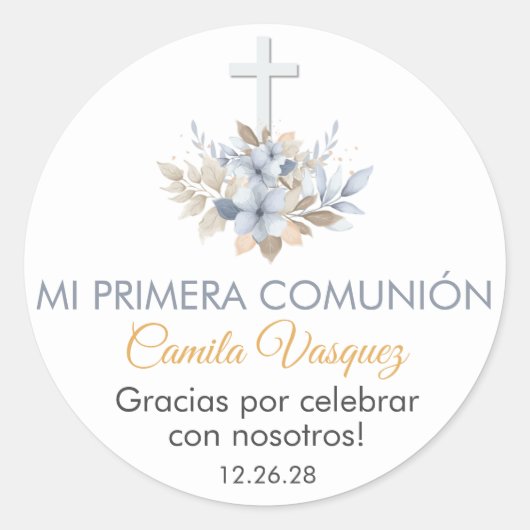 第1聖餐式に出スペインのるボホブルーの花 ラウンドシール (正面)