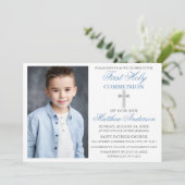 第1聖餐式の写真ほこりっぽい青と銀 招待状 (スタンド正面)