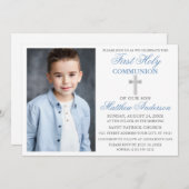 第1聖餐式の写真ほこりっぽい青と銀 招待状 (正面/裏面)