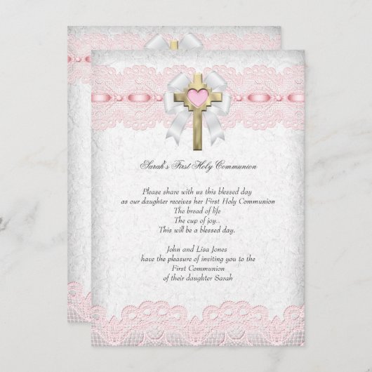 第1聖餐式の第1女子クロスピンク9 招待状 (正面/裏面)