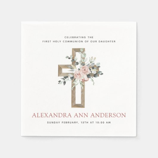 第1聖餐式ほこりっぽいピンク・ローズ スタンダードカクテルナプキン (正面)