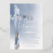 第1聖餐式ほこりっぽい青い十字架 箔招待状 (正面)