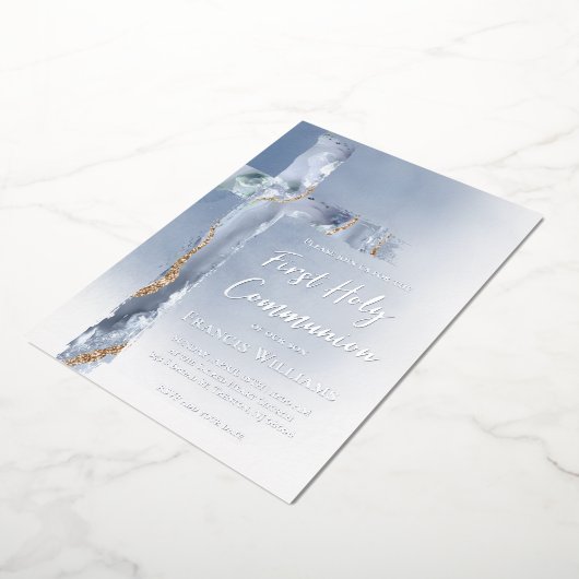 第1聖餐式ほこりっぽい青い十字架 箔招待状 (回転した状態)