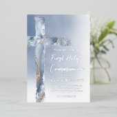 第1聖餐式ほこりっぽい青い十字架 箔招待状 (立ち正面)
