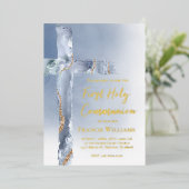 第1聖餐式ほこりっぽい青い十字架 箔招待状 (立ち正面)