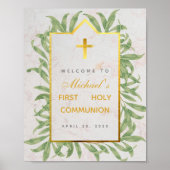 第1聖餐式ウェルカムグリーンフェイク金ゴールド大理石 ポスター (正面)