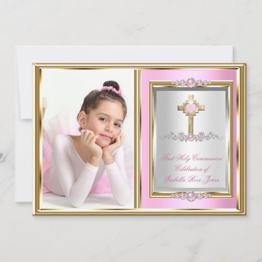 第1聖餐式ガールズピンクパール写真 招待状 (正面)