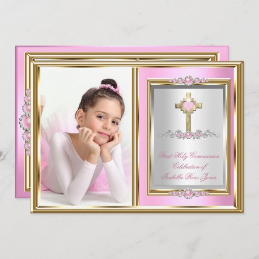 第1聖餐式ガールズピンクパール写真 招待状 (正面/裏面)