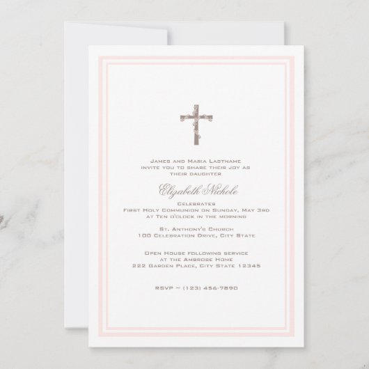 第1聖餐式ソフトピンクとブラウン 招待状 (正面)