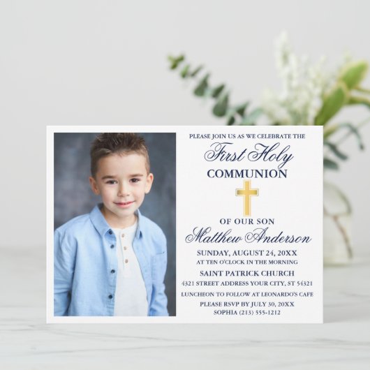 第1聖餐式ネイビーブルー金ゴールドクロスストライプの 招待状 (スタンド正面)