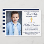 第1聖餐式ネイビーブルー金ゴールドクロスストライプの 招待状 (正面/裏面)