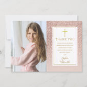 第1聖餐式バラ金ゴールドグリッター写真 サンキューカード (正面)