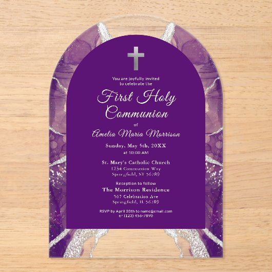 第1聖餐式パープルシルバーエレガントアガテ アクリル招待状 (正面)