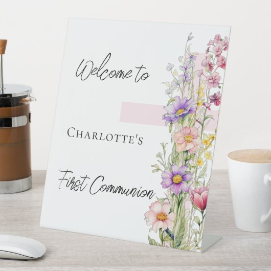 第1聖餐式ピンクの花模様がクロス歓迎サイン 台座サイン (インサイチュ)