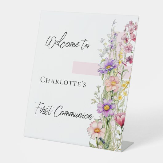 第1聖餐式ピンクの花模様がクロス歓迎サイン 台座サイン (正面)