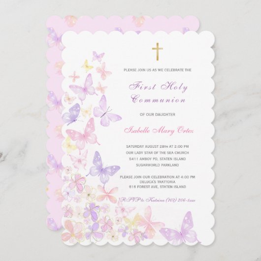 第1聖餐式ピンクバタフライガール 招待状 (正面/裏面)