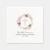 第1聖餐式ピンクローズフローラ十字架 スタンダードカクテルナプキン (正面)