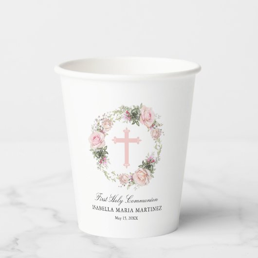 第1聖餐式ピンクローズフローラ十字架 紙コップ (正面)