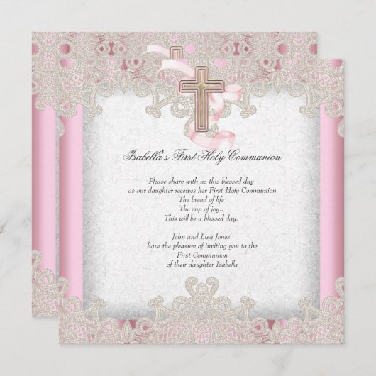 第1聖餐式ピンク色第1女子クロスカッシュ7 招待状 (正面/裏面)