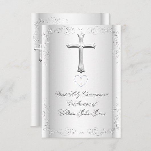 第1聖餐式ホワイトシルバーニュートラル女子/少年 招待状 (正面/裏面)