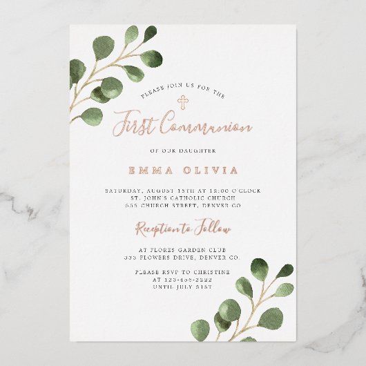 第1聖餐式ユーカリエレガントバラ金ゴールド 箔招待状 (正面)