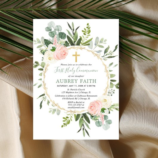 第1聖餐式ユーカリ緑ピンク金ゴールド 招待状