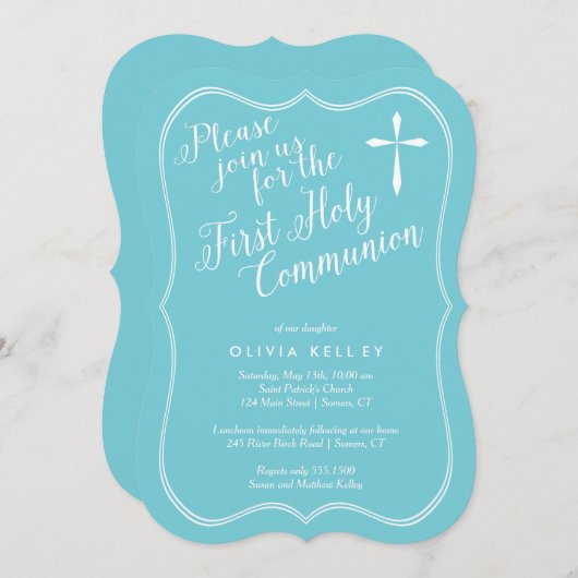 第1聖餐式ラベル枠と十字架，青 招待状 (正面/裏面)