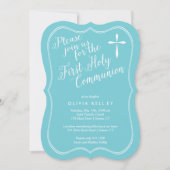 第1聖餐式ラベル枠と十字架，青 招待状 (正面)
