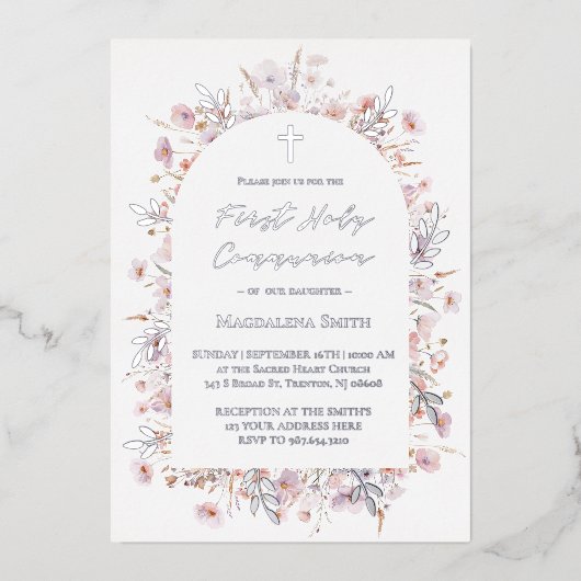 第1聖餐式ワイルドフラワーシルバー 箔招待状 (正面)