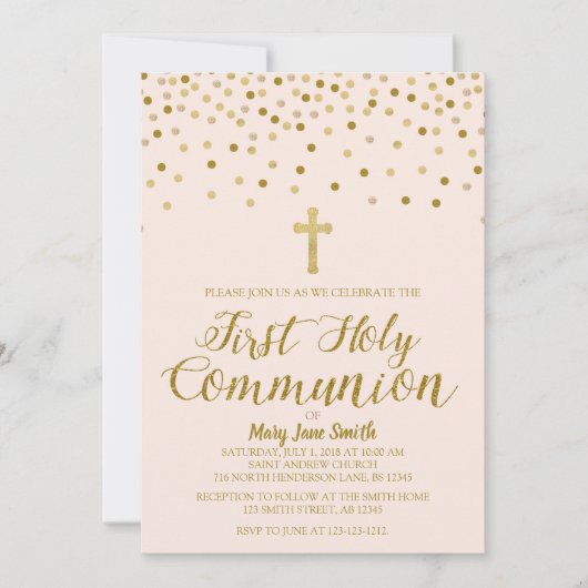 第1聖餐式招待状、ピンクと金ゴールド 招待状 (正面)