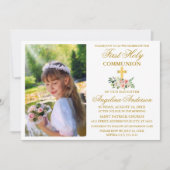 第1聖餐式金ゴールド水彩ピンクフローラ 招待状 (正面)