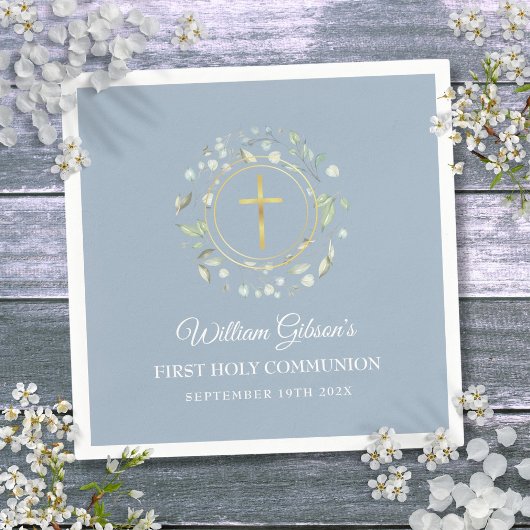 第1聖餐式金ゴールド緑ほこりっぽい青 スタンダードカクテルナプキン