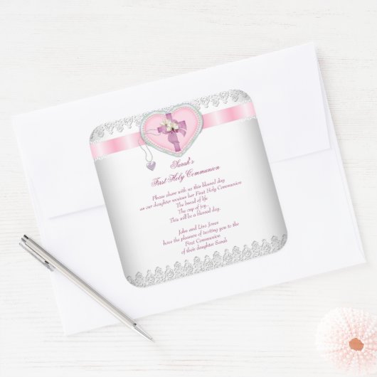 第1聖餐式1回十字女の子ホワイトピンク スクエアシール (封筒)